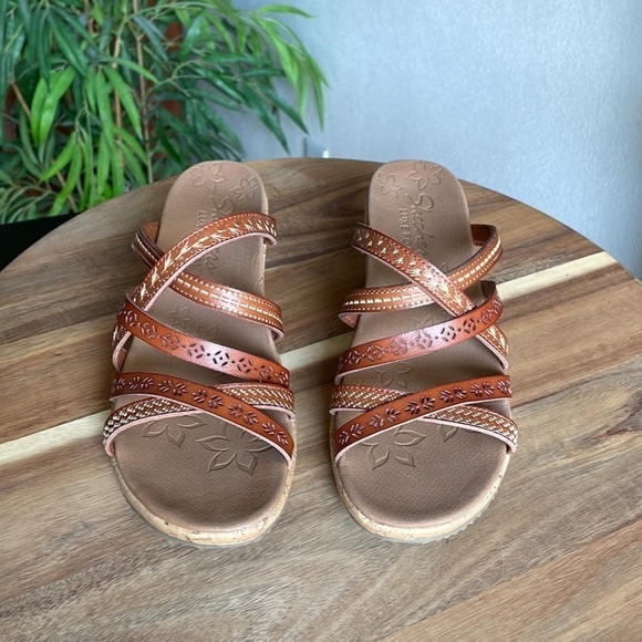Skechers Sandals Womens Brown Tan Cork Wedges Platform Slip-Ons Strappy Summer - Picture 7 of 14